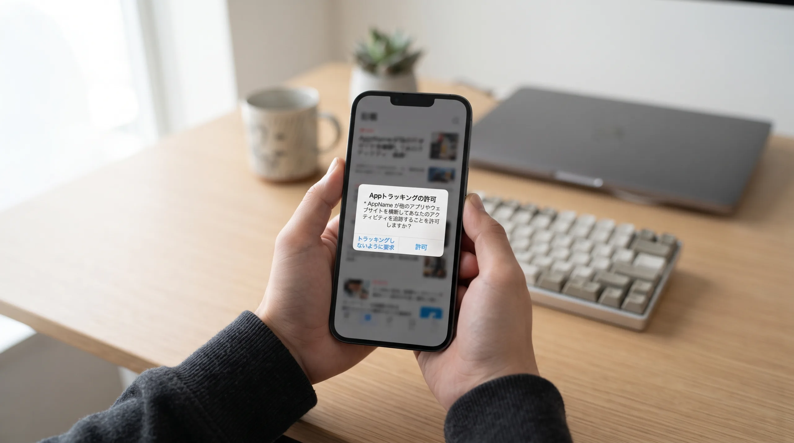 iPhoneの画面に表示されたアプリのトラッキング許可を求める日本語のポップアップ通知のイメージ