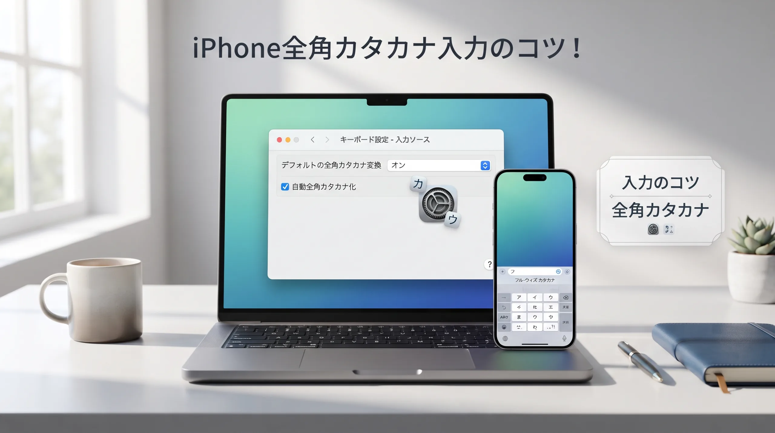 明るいデスク環境で、パソコンとスマートフォンの画面にiPhoneのキーボード設定や全角カタカナ入力の様子が視覚的に解説されているHero画像