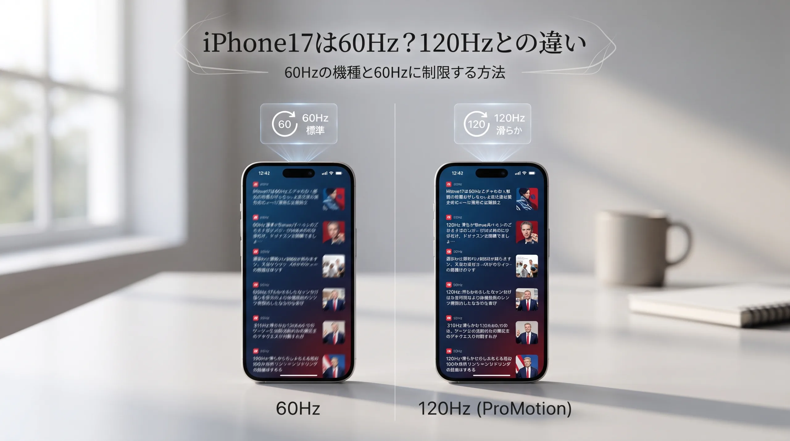 明るいデスク上で並べられた2台のiPhone 17の画面を比較し、左側が60Hzの標準的なスクロール、右側が120Hzの滑らかなProMotionスクロールであることを視覚的に解説しているHero画像