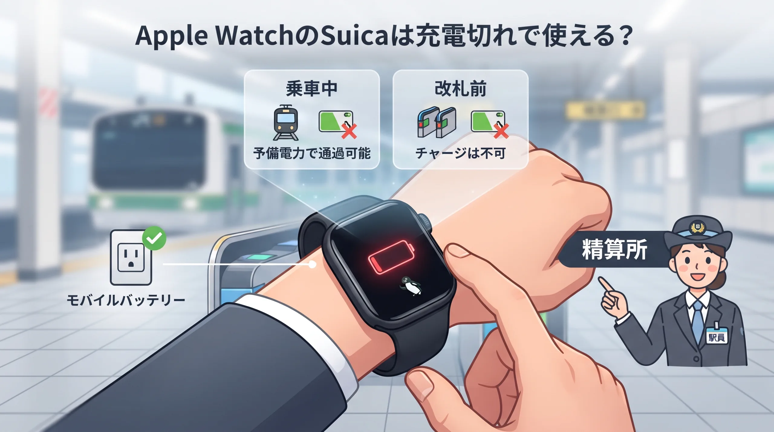 充電切れのApple Watchをかざすユーザーと、乗車中・改札前の可否、モバイルバッテリーでの解決策が視覚的に示された日本の駅のイラスト